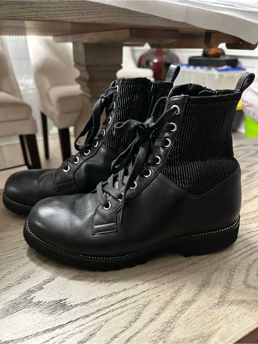 Vaneli Black Lace-Up Knit Collar Ankle Boots